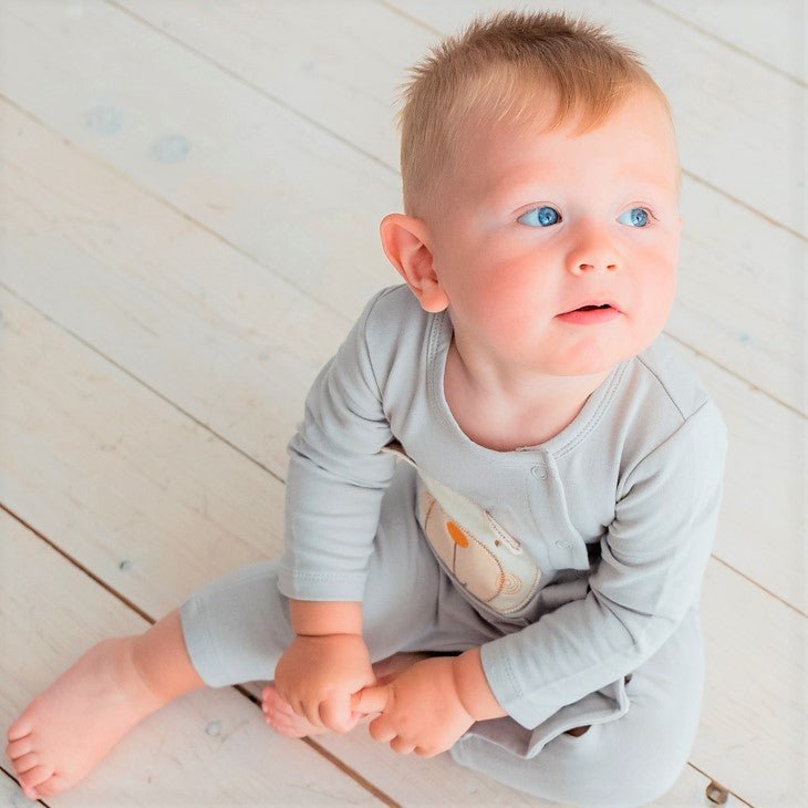 Organic baby footless romper in grey – long sleeve front view