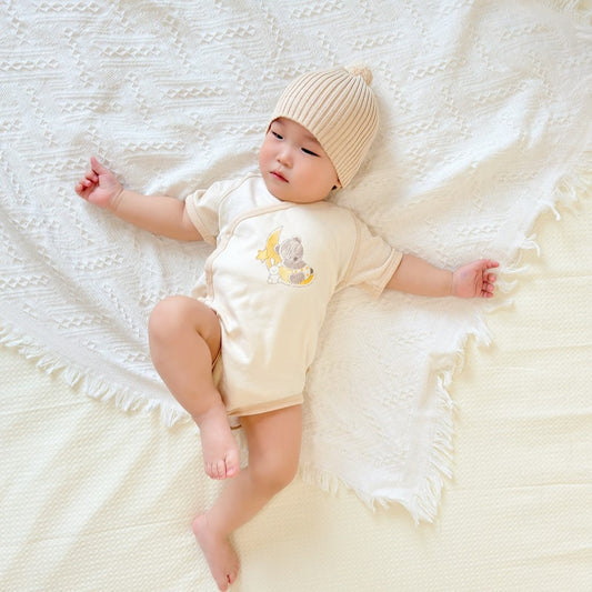 Newborn Kimono: Unisex Organic Short Sleeve Onesies on baby model