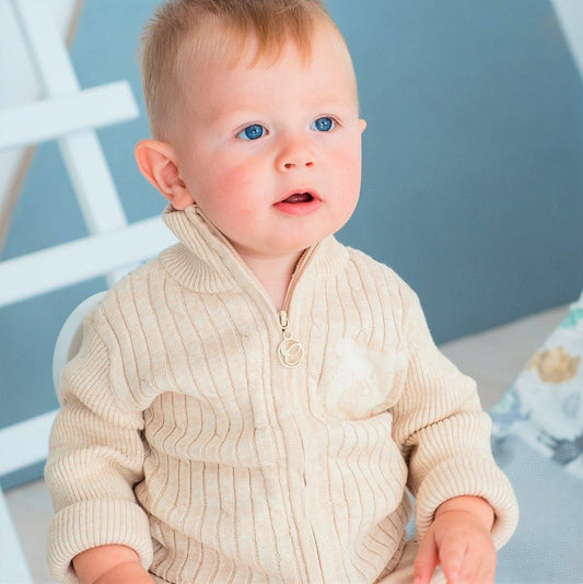 Organic Cotton Kids Knitted Cardigan: Mini-Cable & Zip-Up on baby model | Eotton Canada