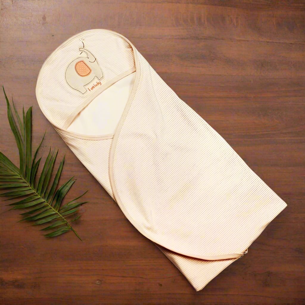 Baby Receiving Blankets: Organic Hooded Swaddle Blanket embroidery elephant | Eotton
