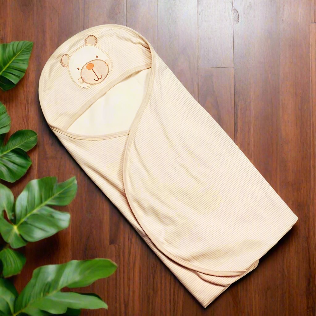 Baby Receiving Blankets: Organic Hooded Swaddle Blanket embroidery bear | Eotton