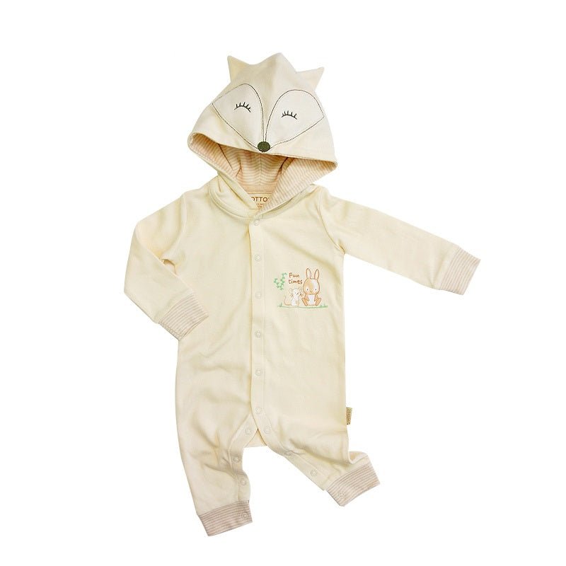 Organic Newborn Clothing: Baby Hooded Romper - Fox Theme  | Eotton Canada