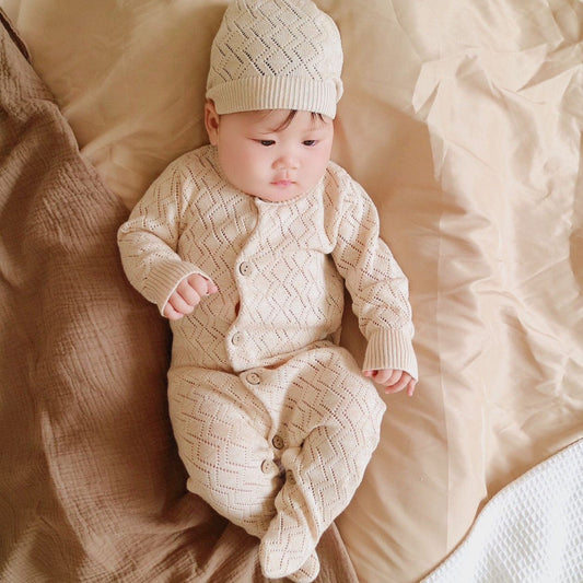 Cable Knit Organic Baby Footed Romper & Hat Set on baby | Eotton Canada