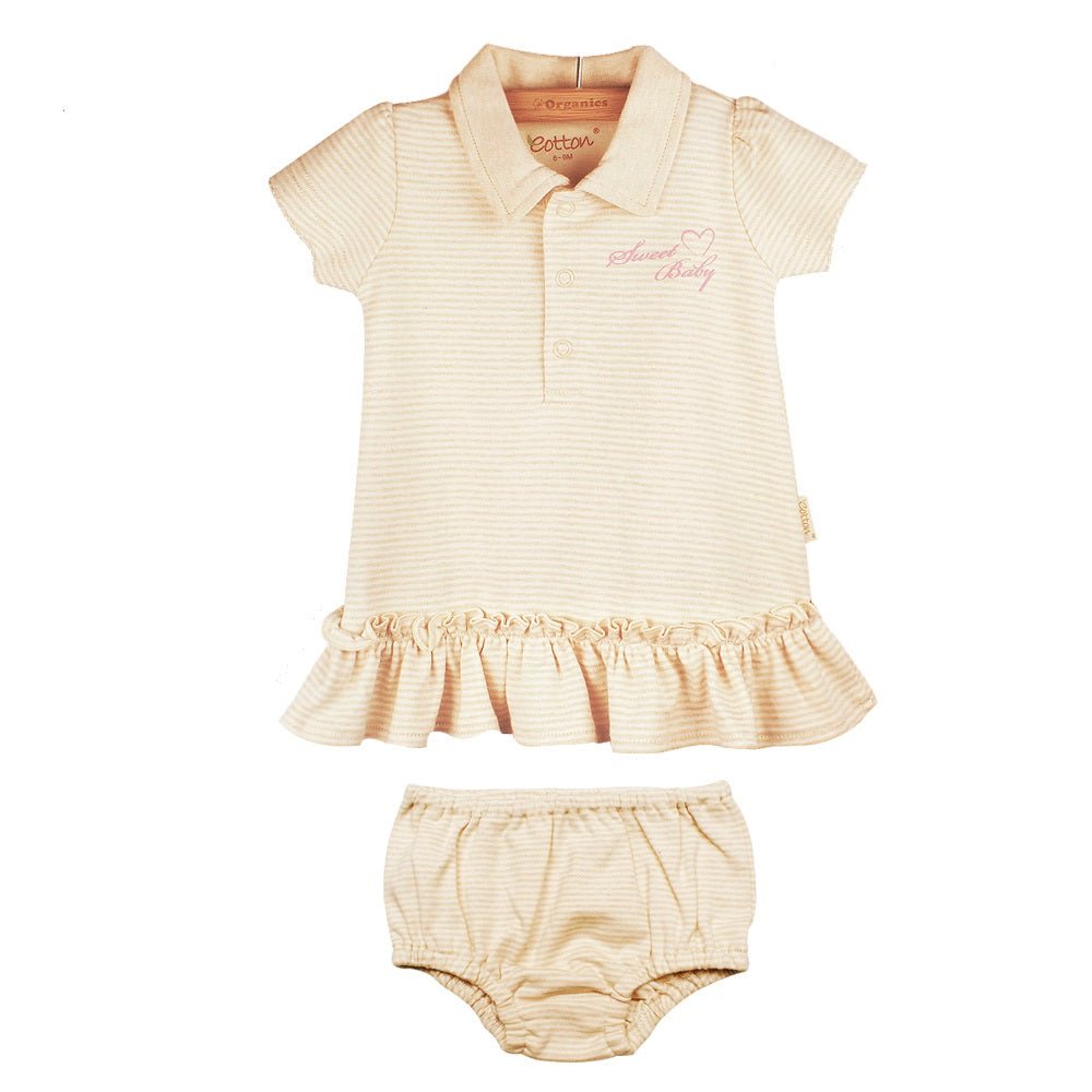 Two piece baby girl polo dress with bloomers set in fine nature colored cotton stripes featuring a ruffle hem