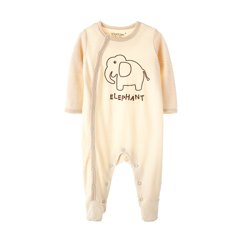 Integrated fold-over scratch mittens and built-in footies on a long sleeve organic romper