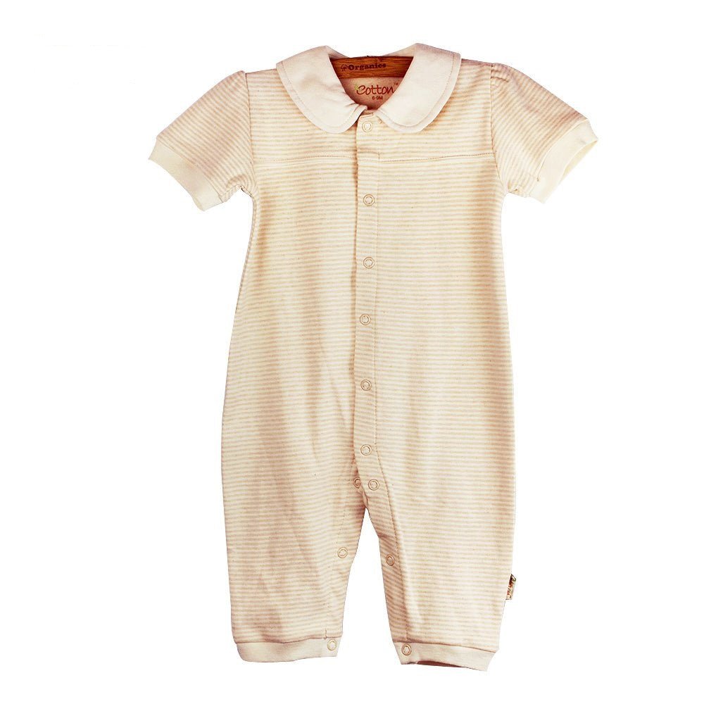 Organic baby girl short sleeve onesie romper displaying a delicate nature colored cotton sailor stripe pattern with a round collar