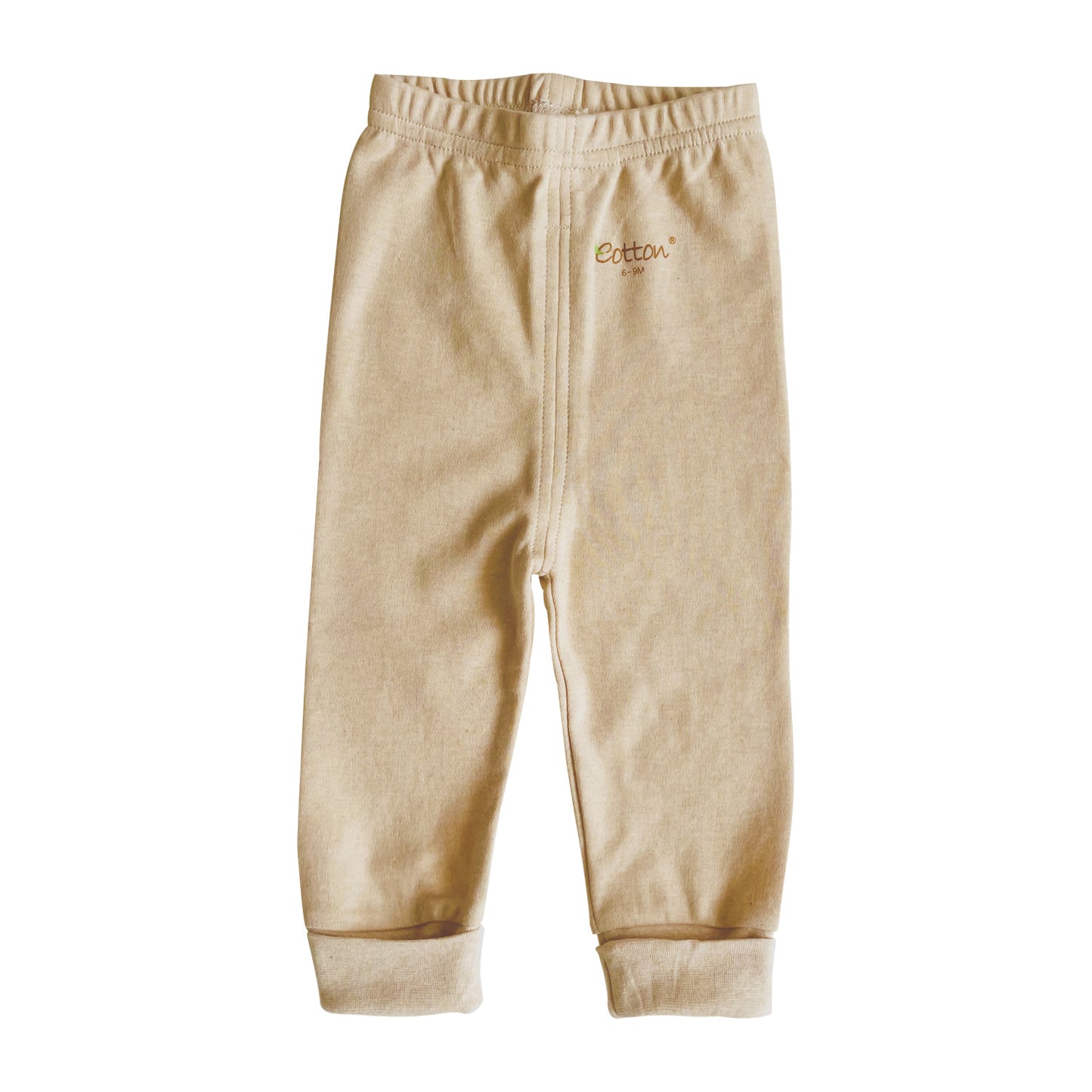 Studio overview of our organic baby pull on knit joggers beige option highlighting the clean seamless finish.