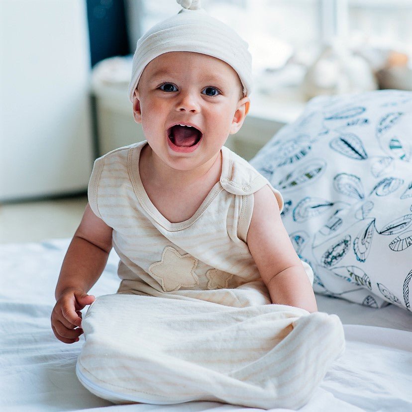 Ultra soft sleep sack and sleeveless baby sleeping bag made from unbleached certified nature colored cotton fabric