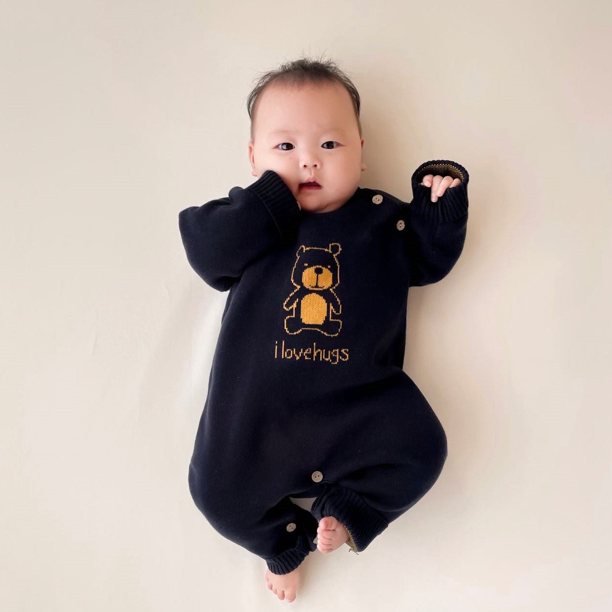 Organic Cable Knit Sweater Oversized Jumpsuit - Teddy Bear 3M size on 6 month old big baby | Eotton Canada