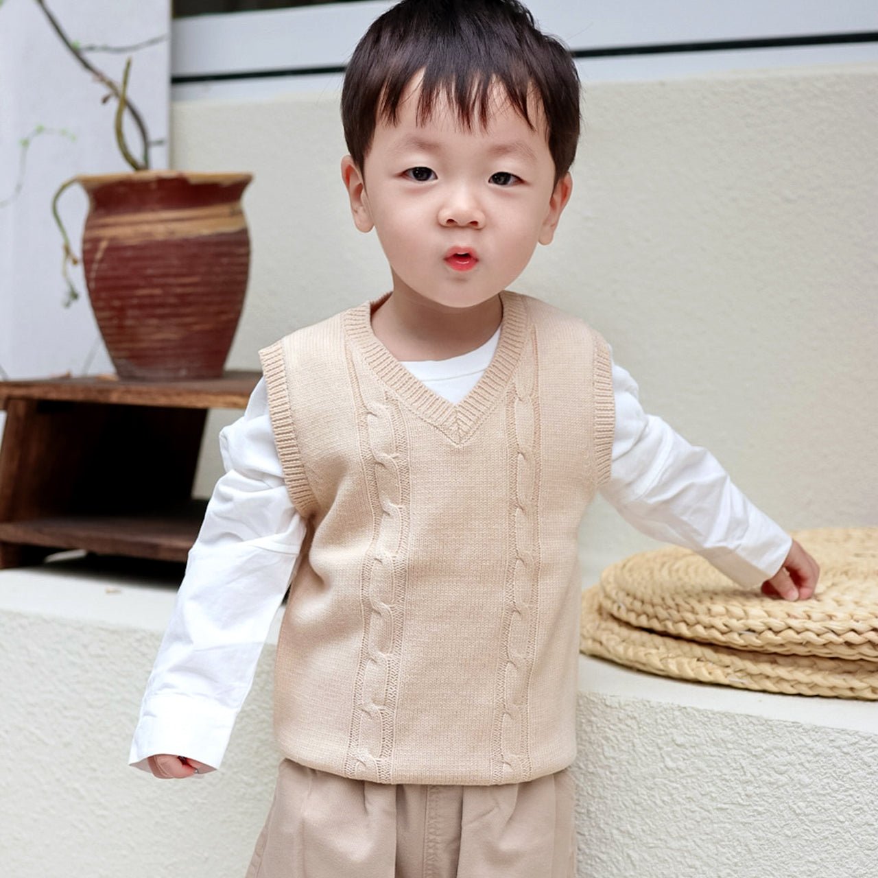 Toddler Knitted Vest: Organic V Neck Sweater Cable Knit | Eotton