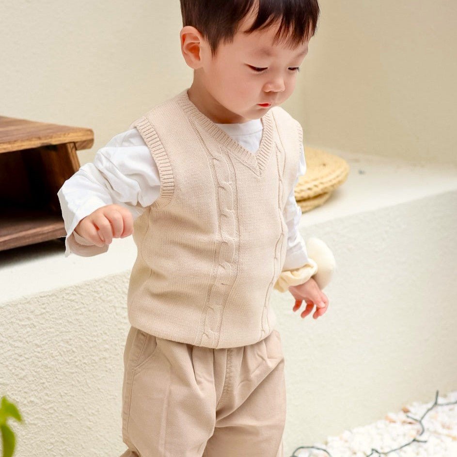 Our Japanese little boy like this Toddler Knitted Vest: Organic V Neck Sweater Cable Knit | Eotton
