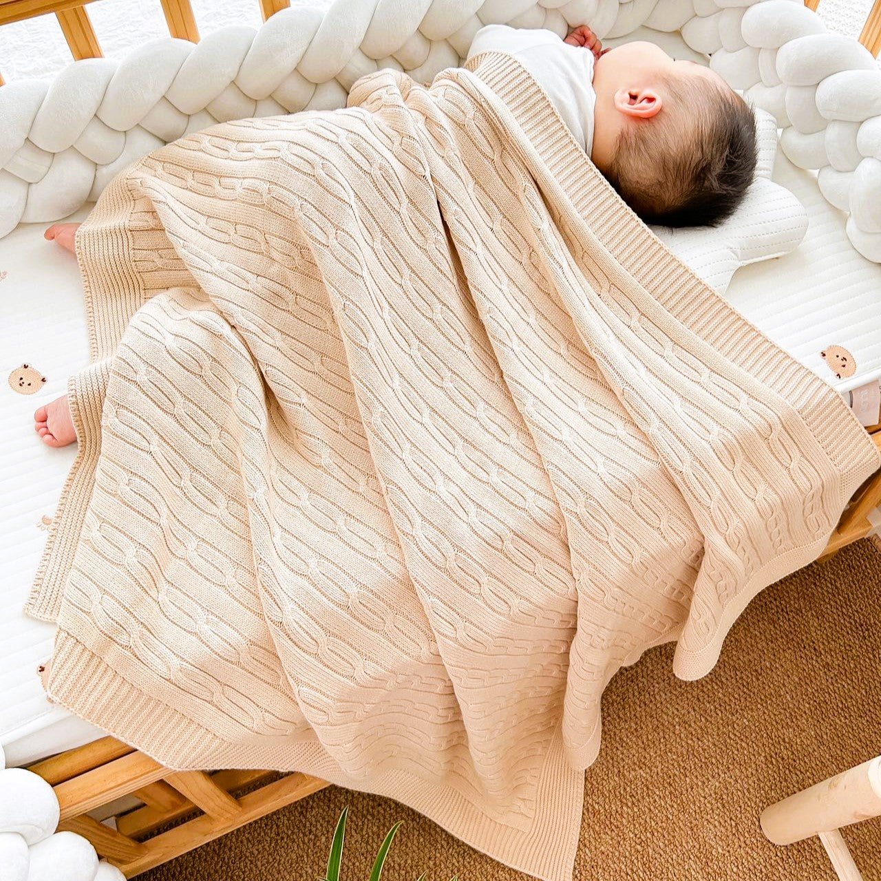 Unique Newborn Gifts: Soft Cable Knit Baby Blanket Gift Box on baby model | Eotton