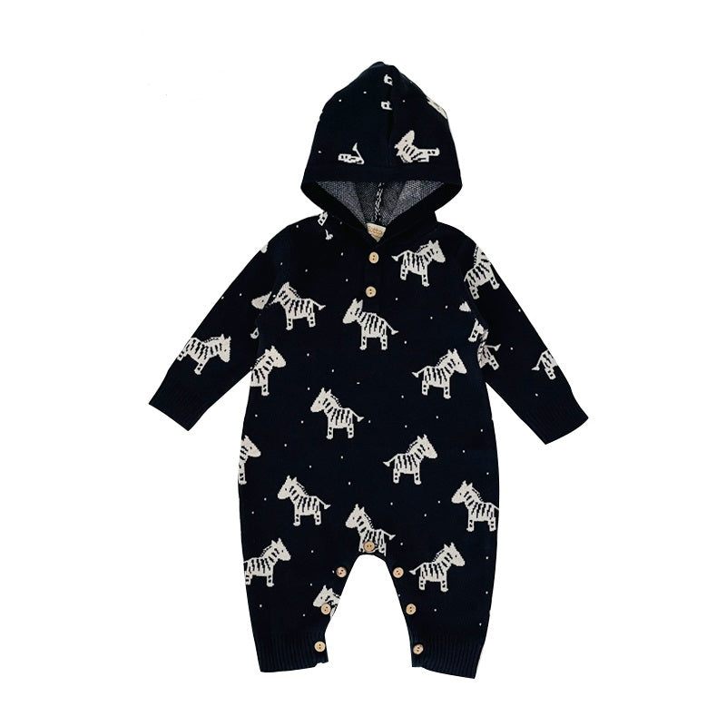 Navy Organic Hooded Knitted Romper - Zebra Jacquard | Eotton Canada