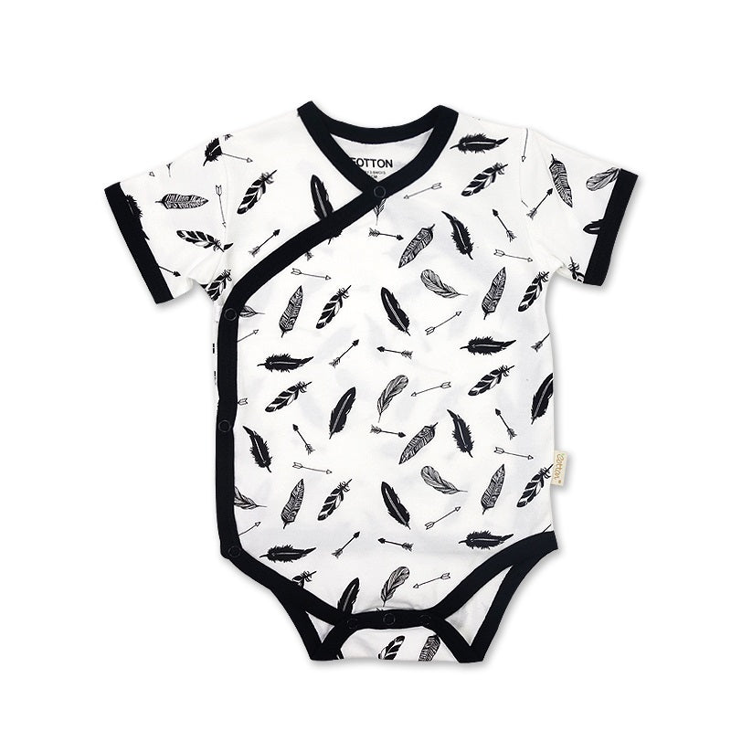 Organic Newborn Summer Clothing Short Sleeve Kimono with full ground print feather | Eotton Canada