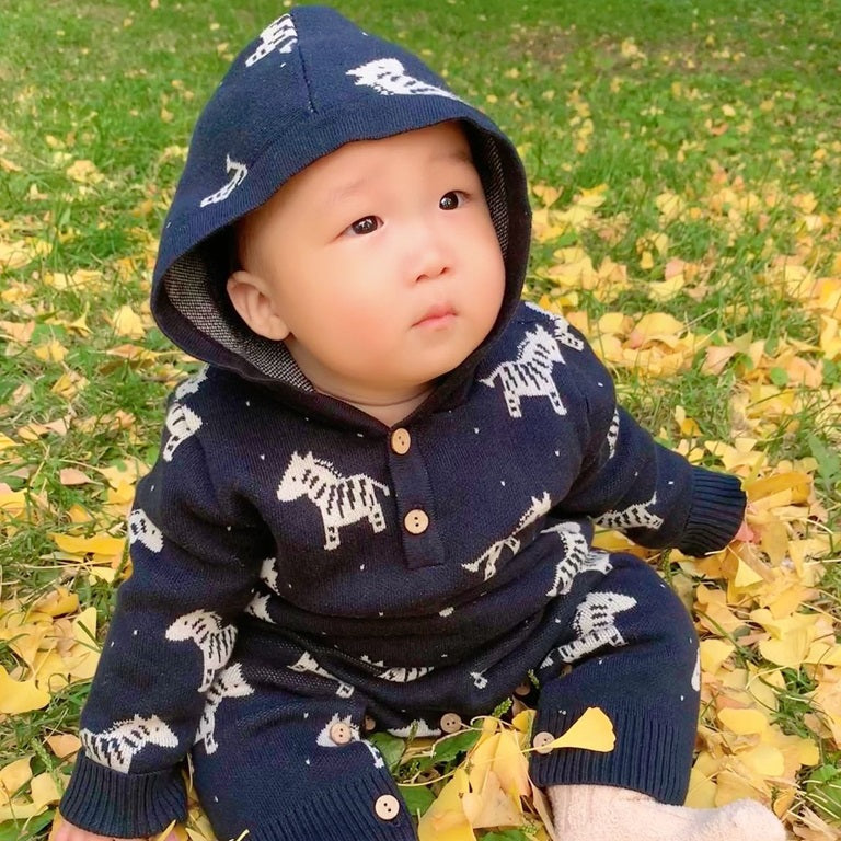 Navy Organic Hooded Knitted Romper - Zebra Jacquard | Eotton Canada