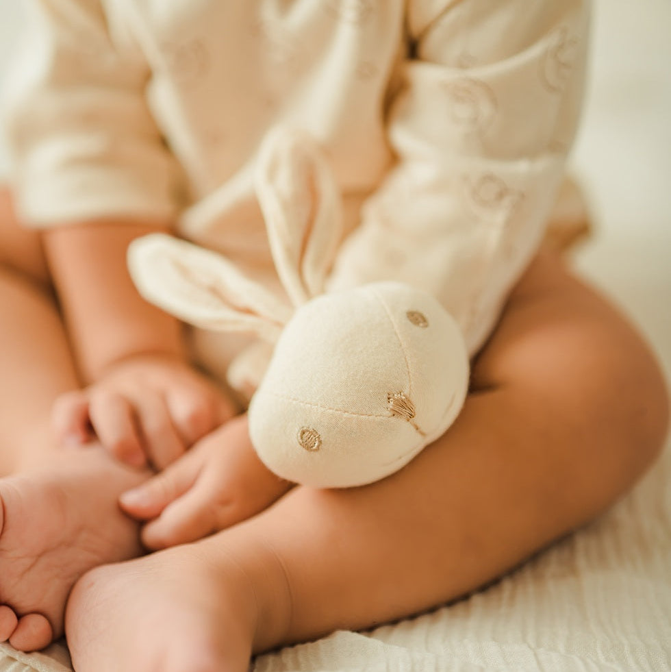 a soft organic cotton rattle bunny for newborns and infants designed for sensory play and wrist or ankle wear | Eotton Canada