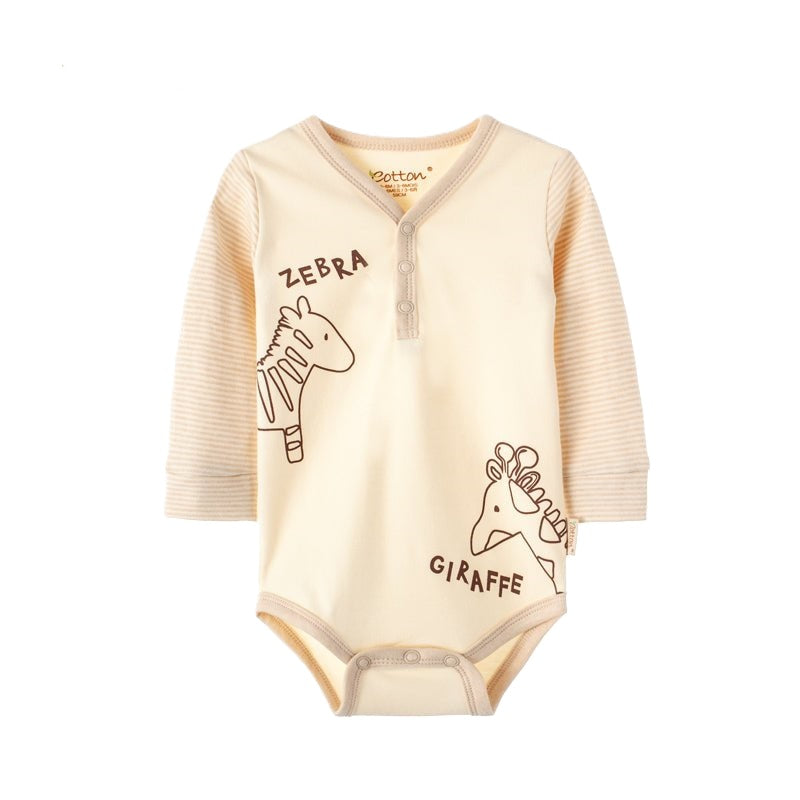 Neutral baby bodysuit featuring high-contrast zebra and giraffe safari prints | Eotton Canada