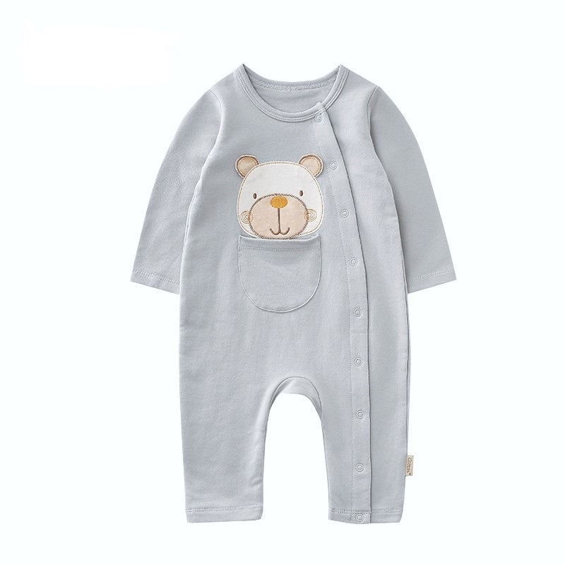 Grey organic baby romper with embroidered teddy bear pocket detail