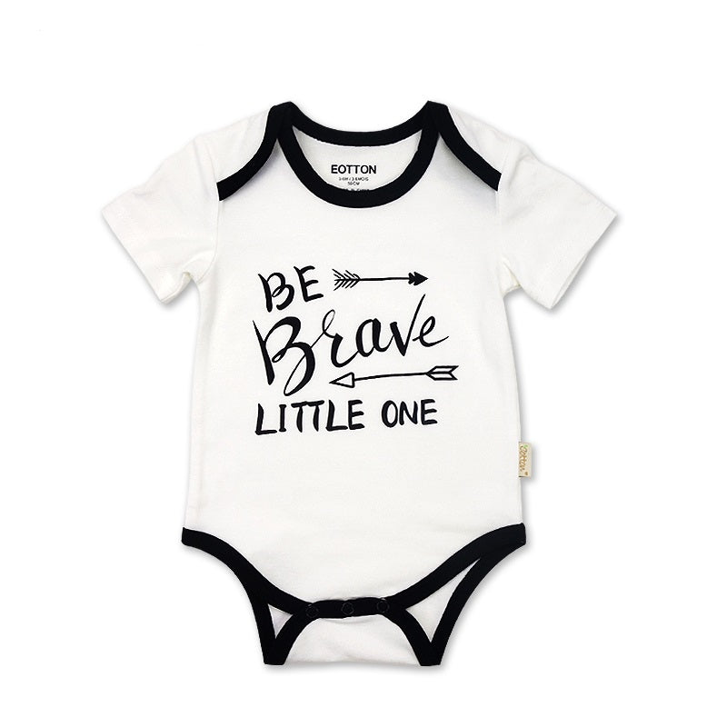Close-up of GOTS certified organic cotton high contrast baby bodysuit with black trim and water-based print | Eotton Canada