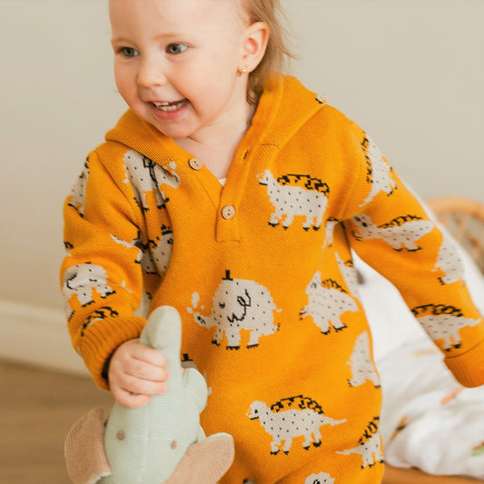 Organic Baby Knitwear | Hooded Dinosaur Sweater Romper | Eotton Canada