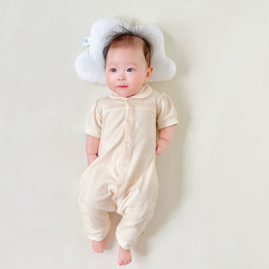 Organic baby girl short sleeve romper with a white Peter Pan collar in solid nature colored cotton
