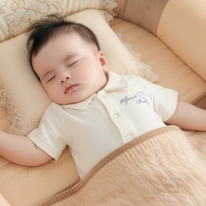 Close up view of the knit polo collar and embroidered pink heart details on a certified nature colored cotton infant dress.