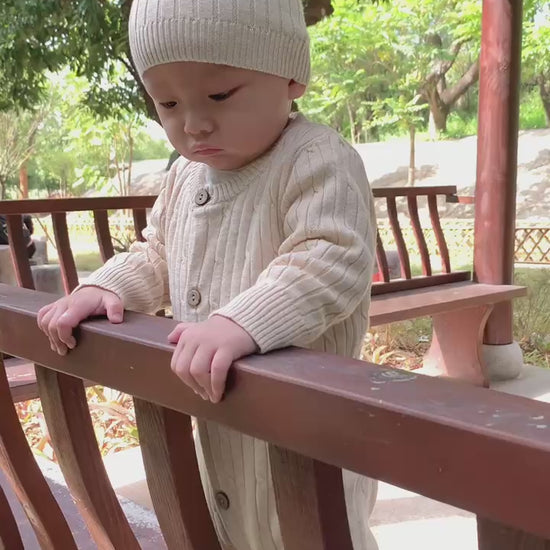 softest organic nature colored cotton baby knitted sweater romper and hat set