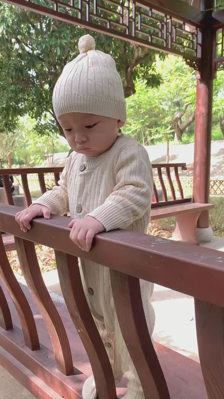 softest organic nature colored cotton baby knitted sweater romper and hat set