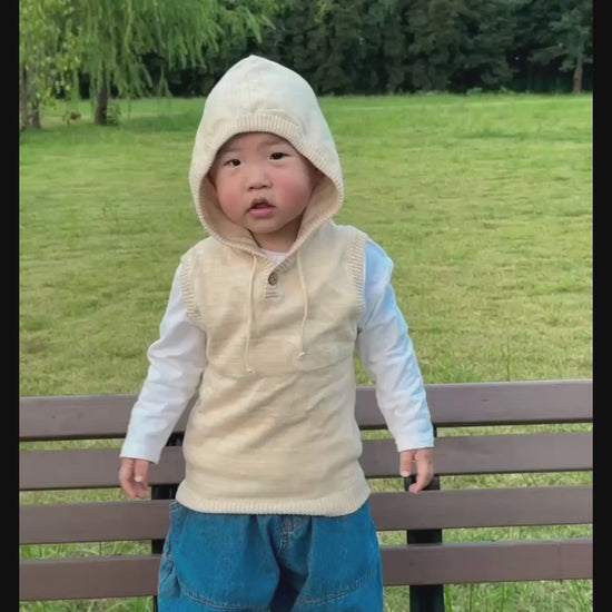 Organic Cable Knit Baby Sweater Vest with Hood - Four Seasons Stylish Knitwear Video close looking from EottonCanada