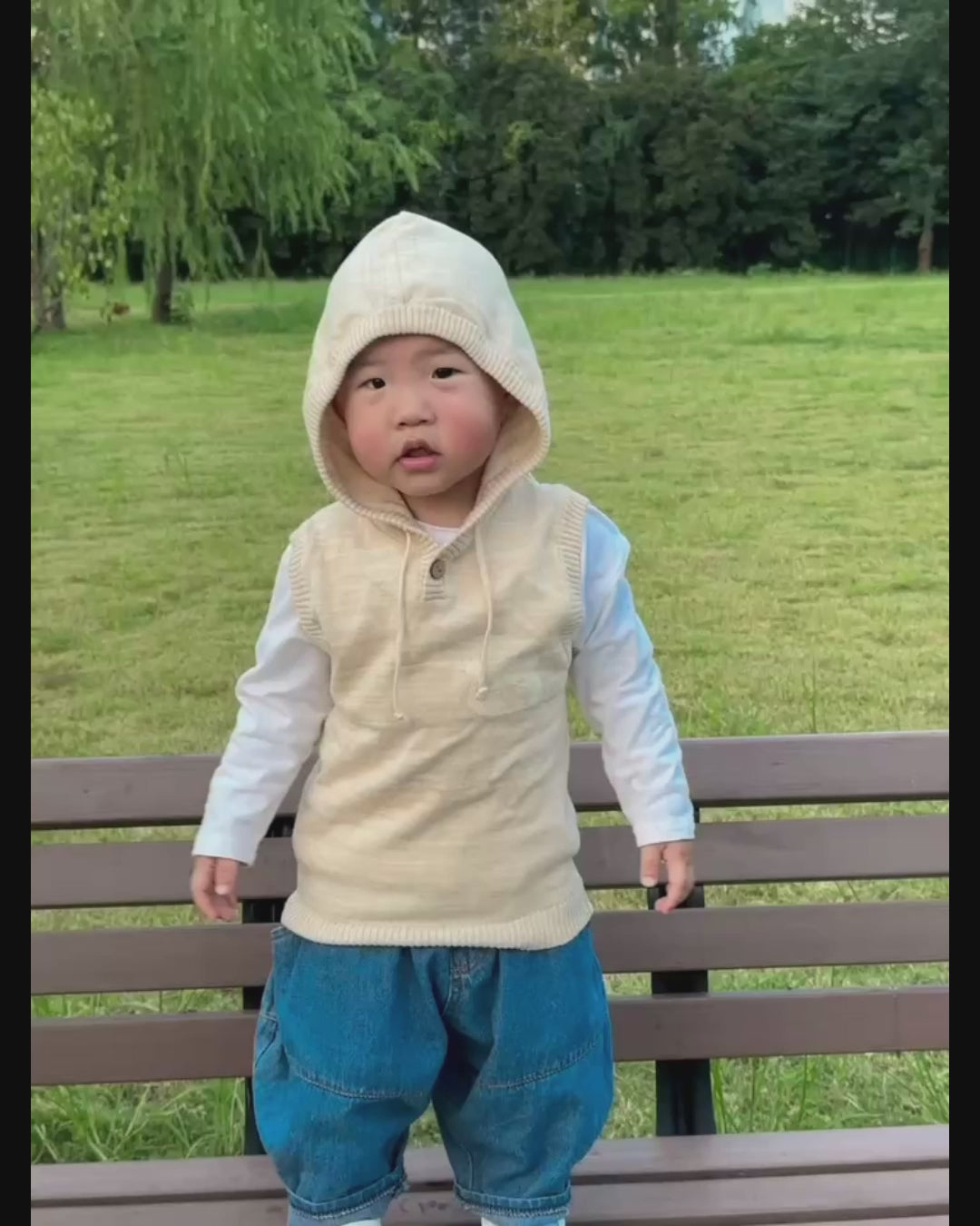 Organic Cable Knit Baby Sweater Vest with Hood - Four Seasons Stylish Knitwear Video close looking from EottonCanada
