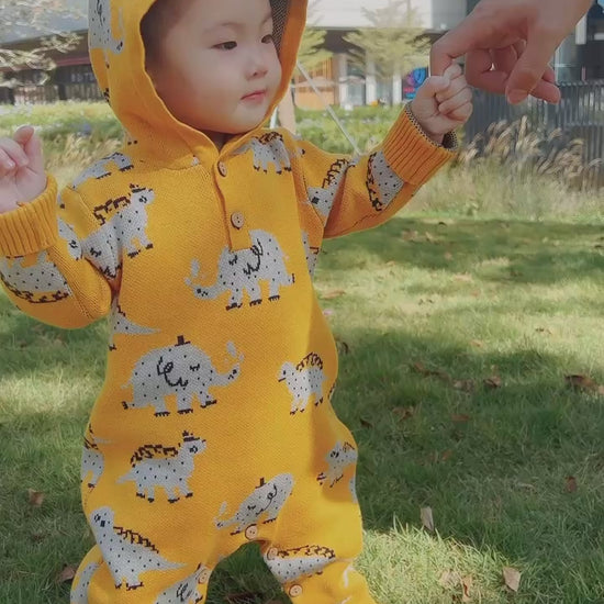 Organic Baby Knitwear | Hooded Dinosaur Sweater Romper