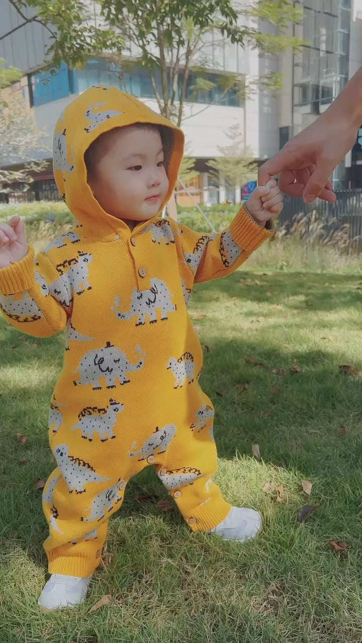 Organic Baby Knitwear | Hooded Dinosaur Sweater Romper