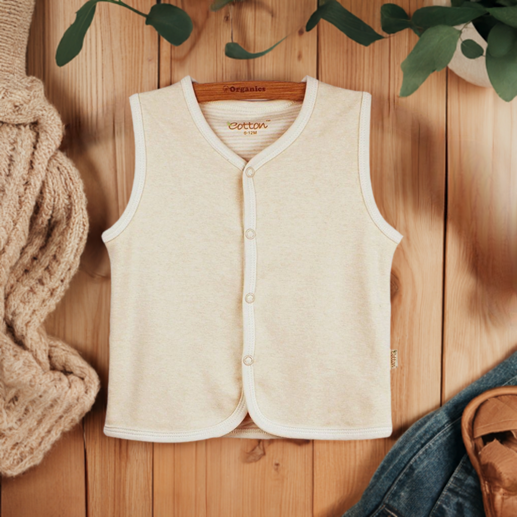 Reversible baby vest in soft organic interlock cotton displaying the solid caramel side view.