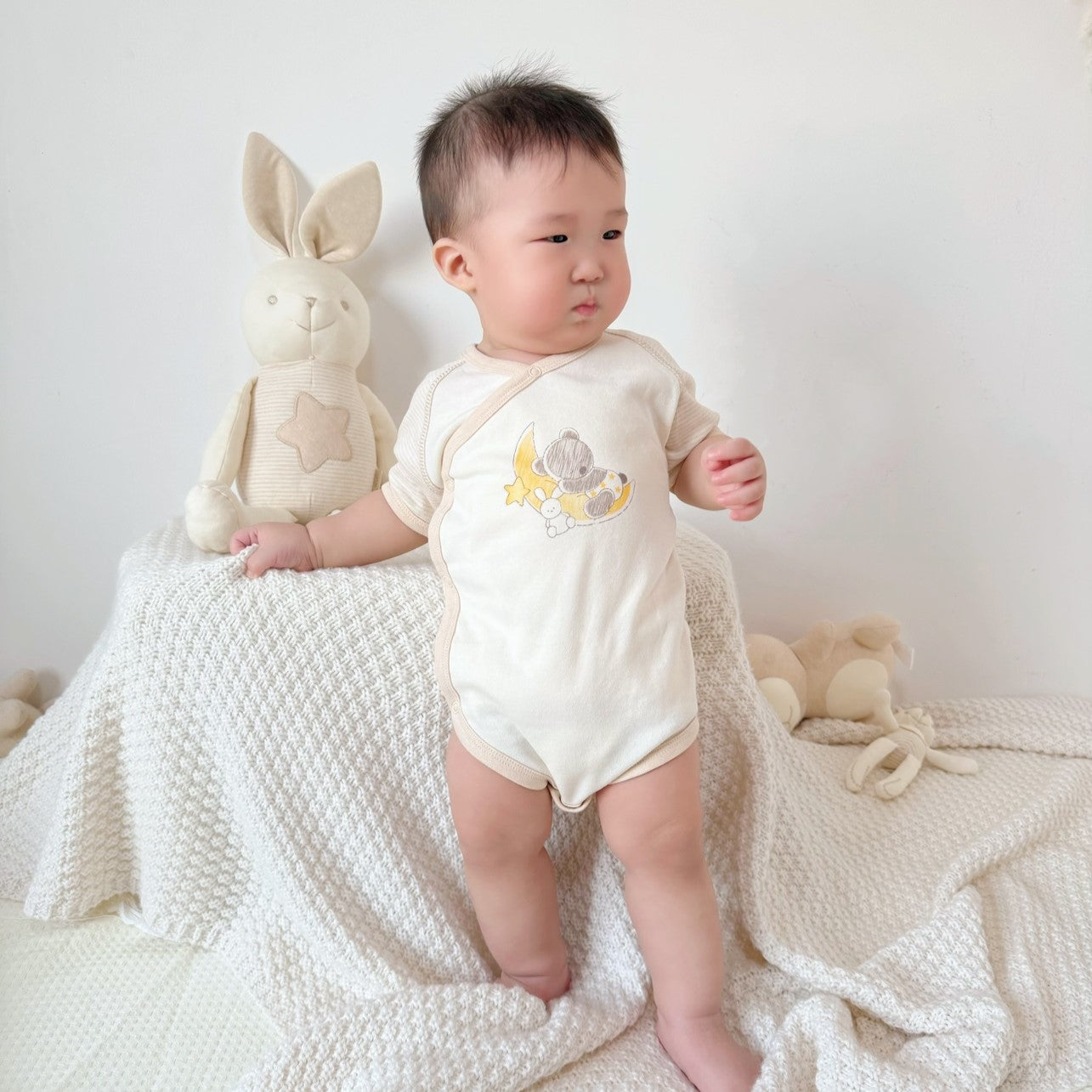 Newborn Kimono: Unisex Organic Short Sleeve Onesies baby model standing