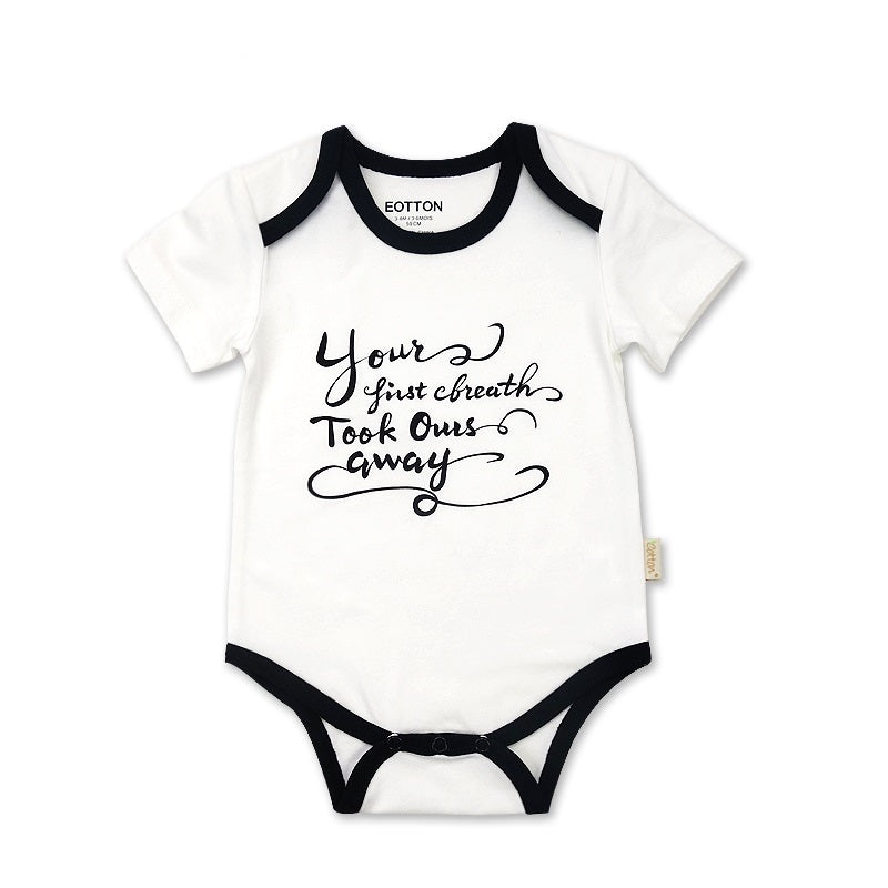 White organic cotton baby onesie with high contrast black Made with Love print | Eotton Canada