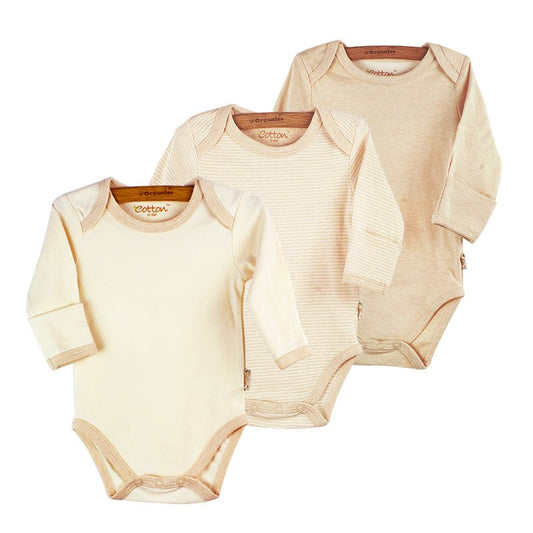 3-pack of organic baby long sleeve bodysuits in white caramel and stripes | Eotton Canada