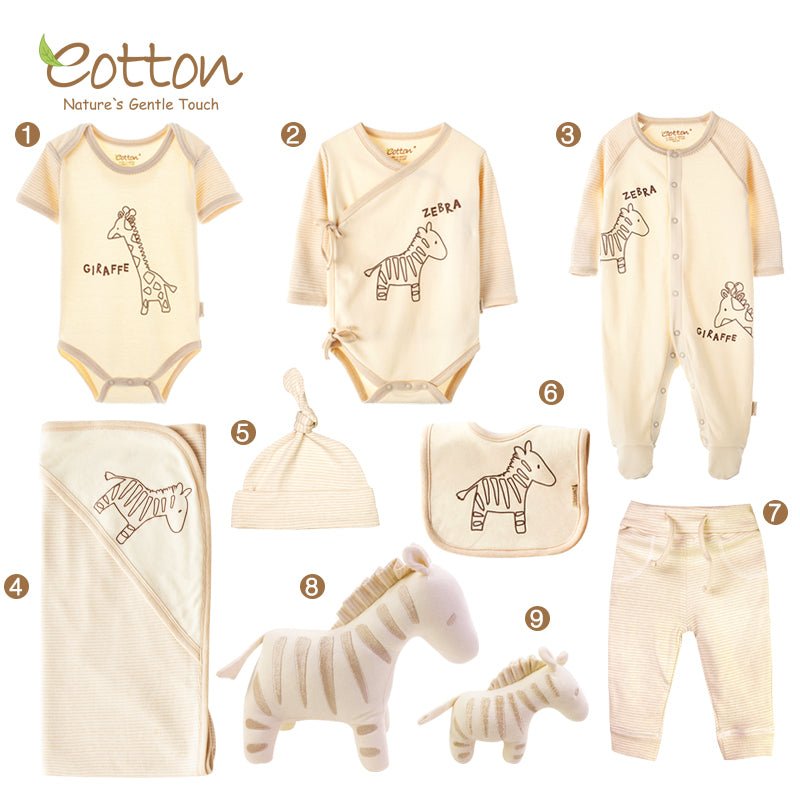 Deluxe organic newborn starter set with zebra kimono, romper, hooded blanket, and Japan Lab tested rattles | Eotton Canada