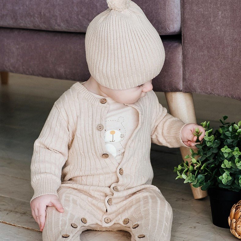 Organic Newborn Cable Knit Romper & Knit Hat Set