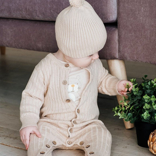 Organic Newborn Cable Knit Romper & Knit Hat Set | Eotton Canada