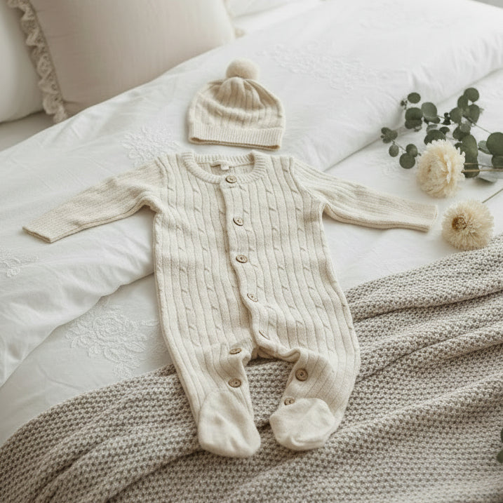 Baby Knitted Footies: Organic Newborn Romper and Hat Set