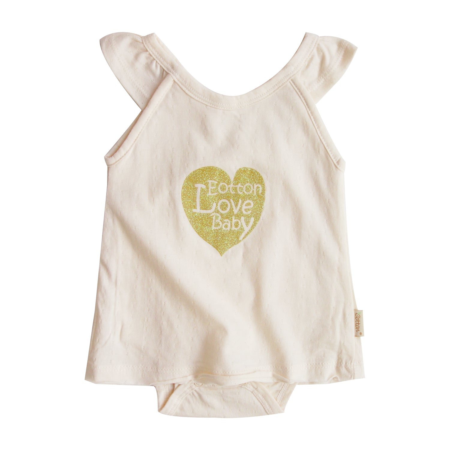 Organic baby ruffle bodysuit showing the sleeveless dress onesie design in 100% certified organic combed cotton