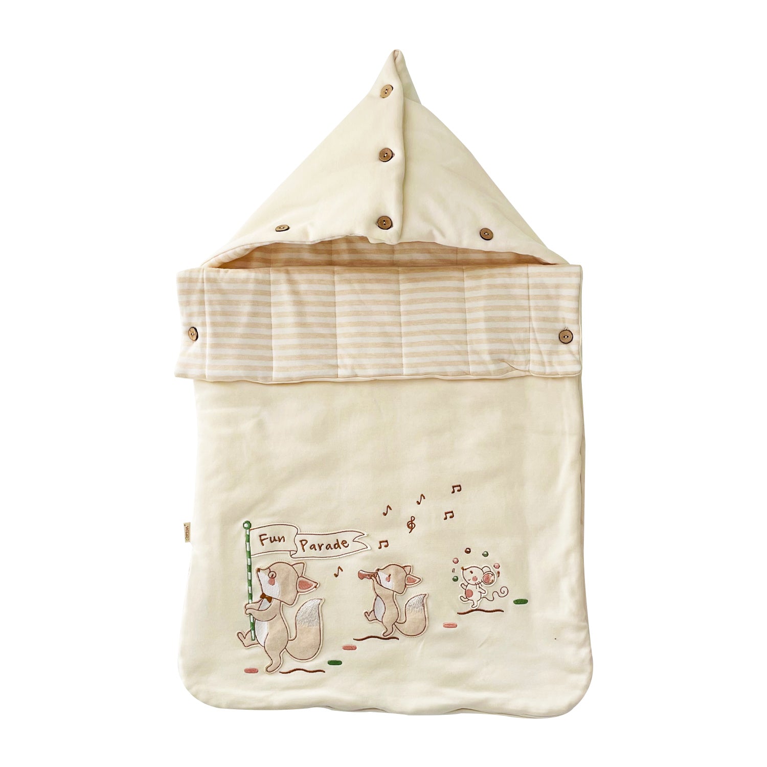 An adjustable length envelope style organic baby sleep bag made from natural certified combed cotton featuring a protective hood and real coconut buttons