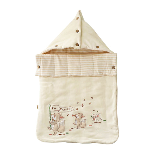 An adjustable length envelope style organic baby sleep bag made from natural certified combed cotton featuring a protective hood and real coconut buttons