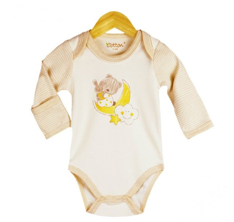 Integrated fold-over mittens on organic cotton long sleeve baby bodysuit - Eotton Canada