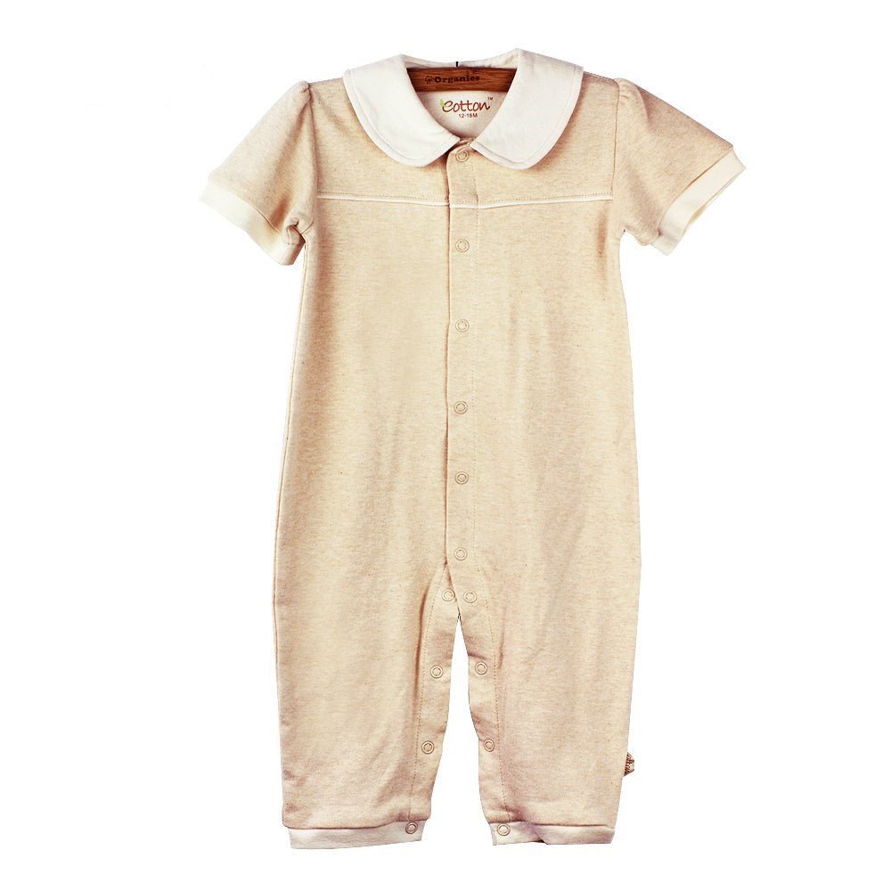 Collared baby onesie in ivory organic cotton featuring a contrasting earth tan round collar and sleeve cuffs