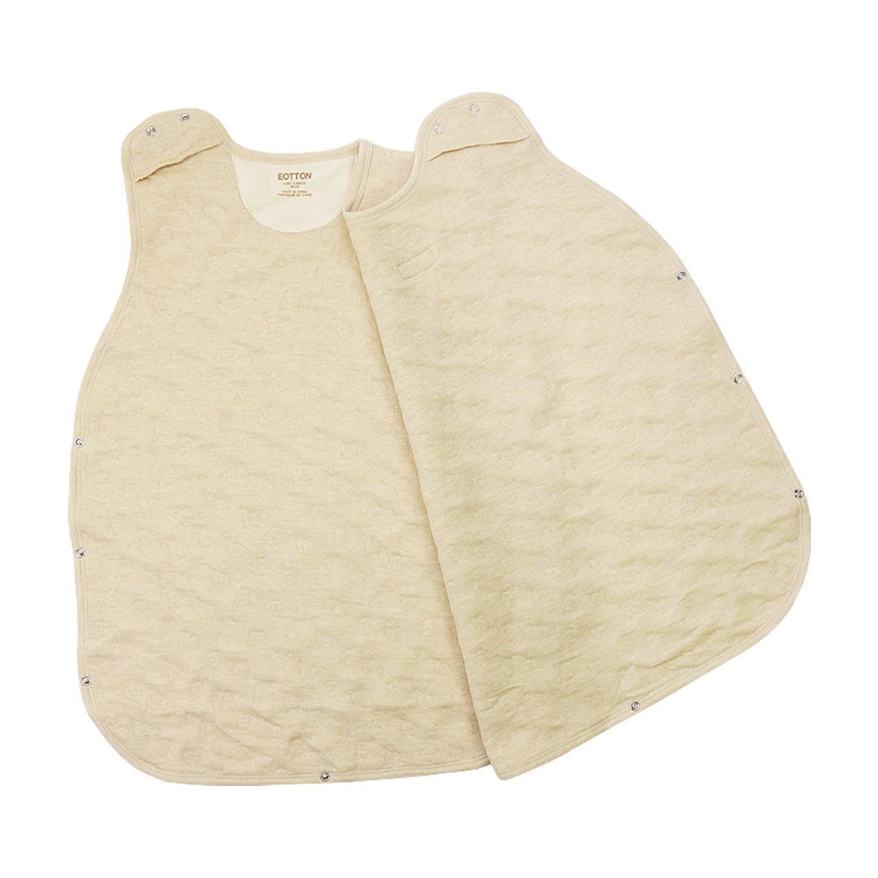 The all-season organic sleep sack opened completely flat to display the full perimeter premium YKK snap closure setupt