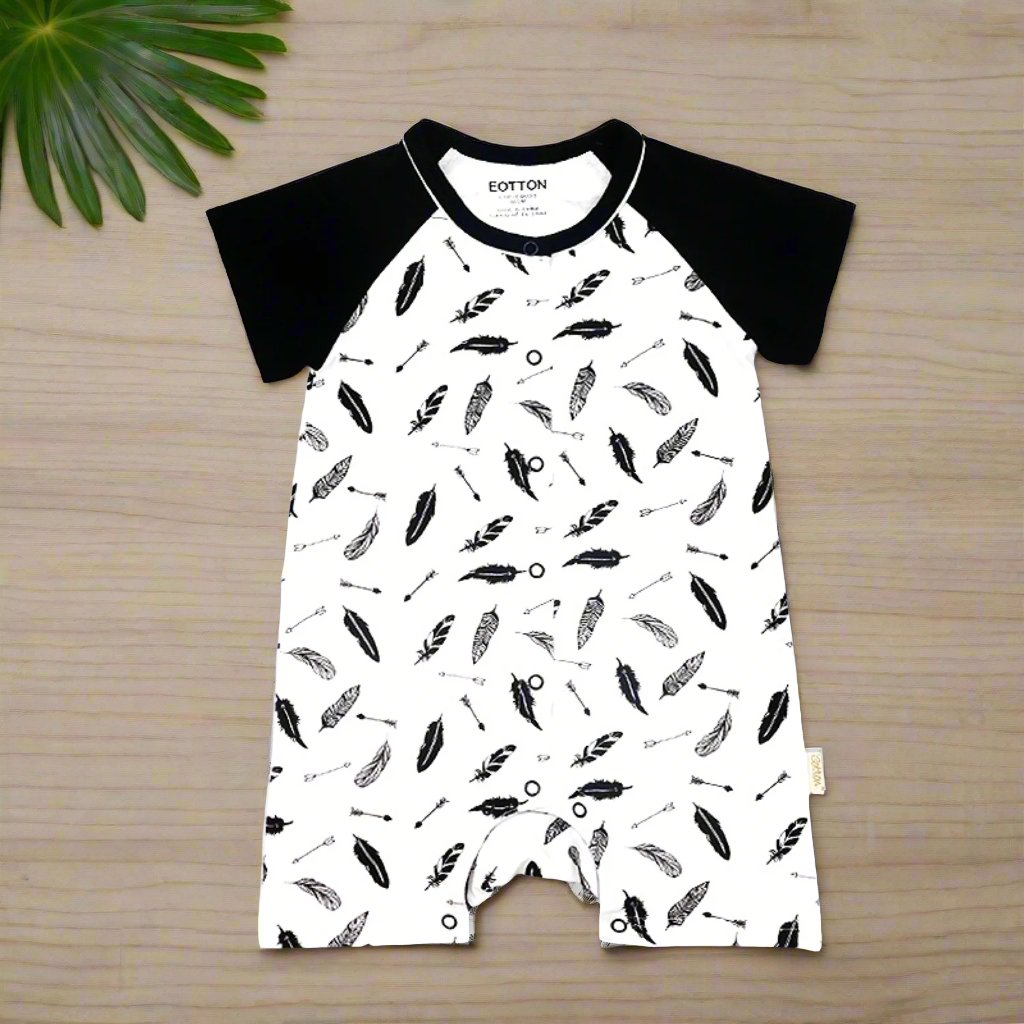 Baby Short Sleeve Romper: Organic Cotton Newborn Summer Clothing full ground print feather