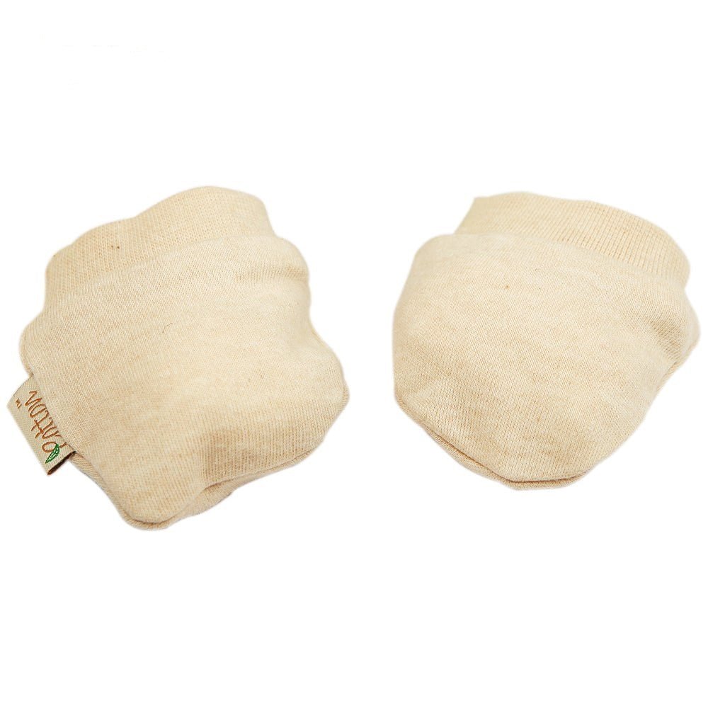Infant anti scratch mitts stacked neatly to showcase our natural white, light caramel, and striped fabrics.