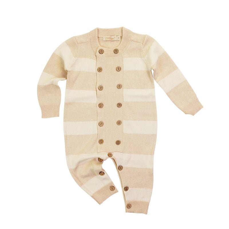 Light weight newborn spring knitwear striped jumpsuit with flat ribbed trim edges | Eotton Canada