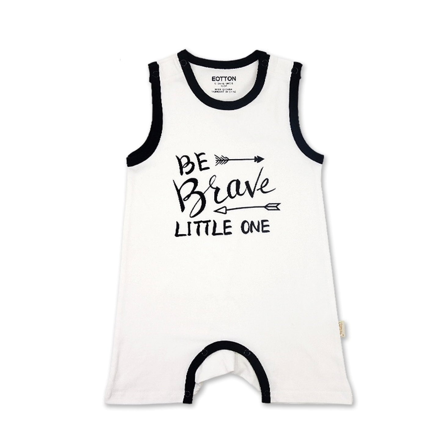 Close up of the secure diaper snap closures on a high contrast monochrome sleeveless baby onesie | Eotton Canada